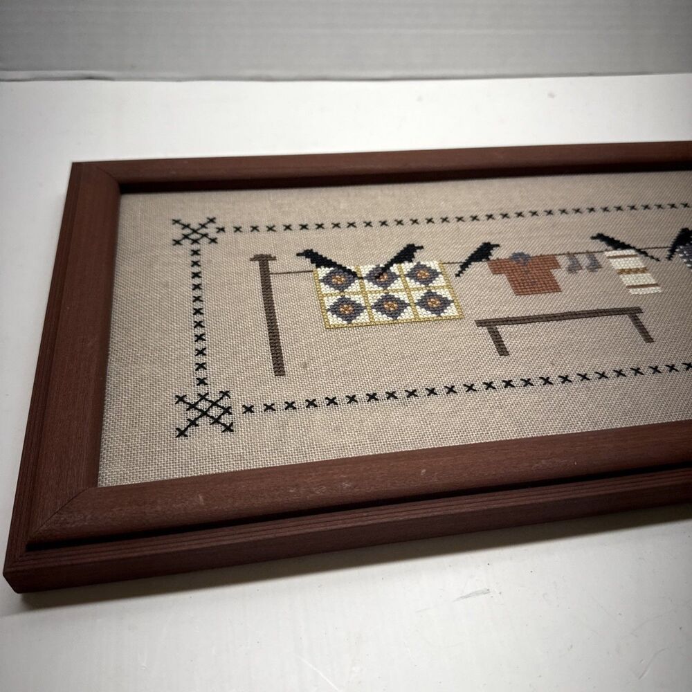 Crows On Clothesline Framed Cross Stitch Completed 16”x8.5” Framed Art - Picture 5 of 9